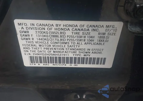 2010 Acura Mdx из США, поврежденный, VIN 2HNYD2H29AH531911